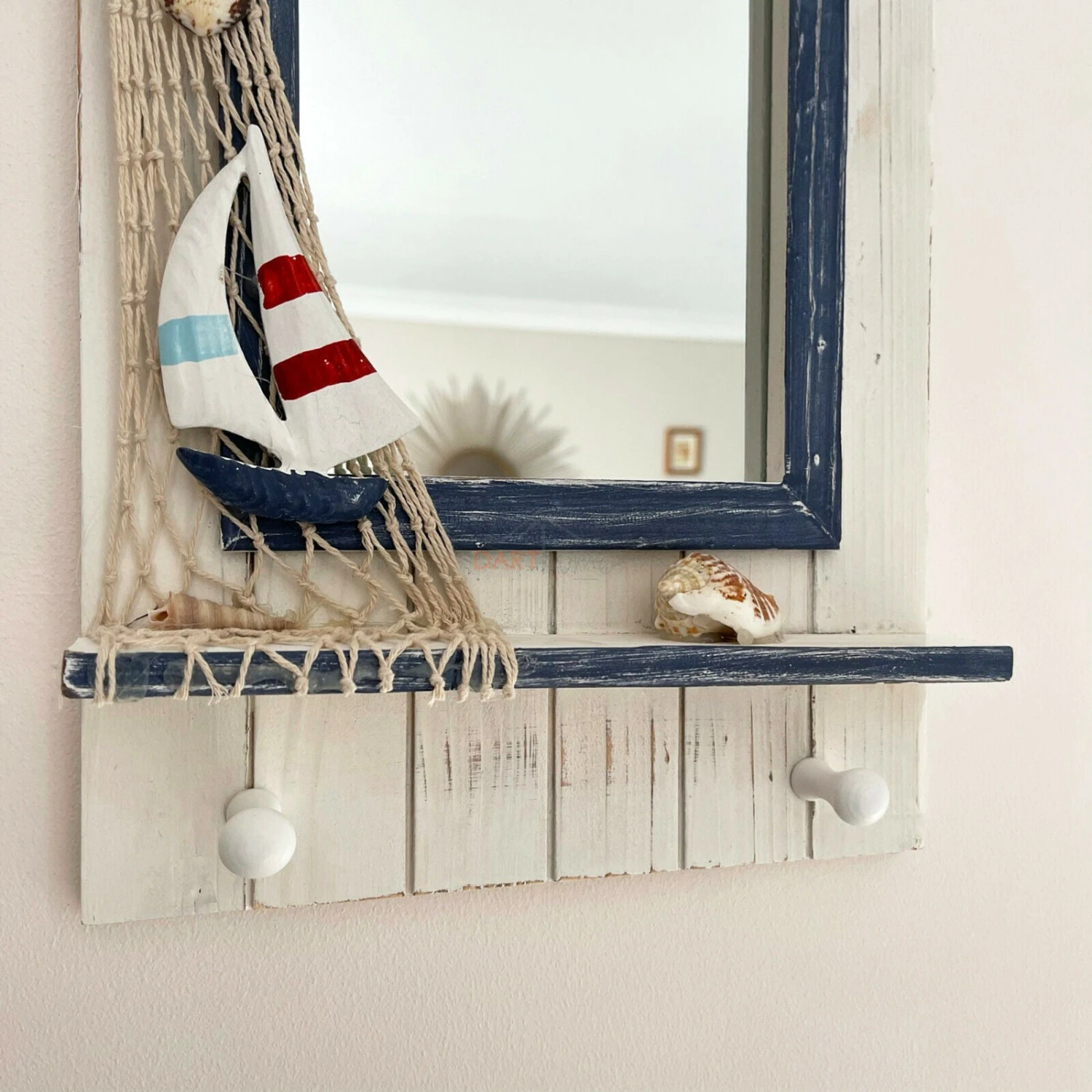 Darthome Limited Wooden Beach Hut Nautical Bathroom Wall Mirror 2x Key Hooks 2 Darthome Limited Wooden Beach Hut Nautical Bathroom Wall Mirror 2x Key Hooks - Image 2