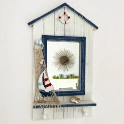 Darthome Limited Wooden Beach Hut Nautical Bathroom Wall Mirror 2x Key Hooks