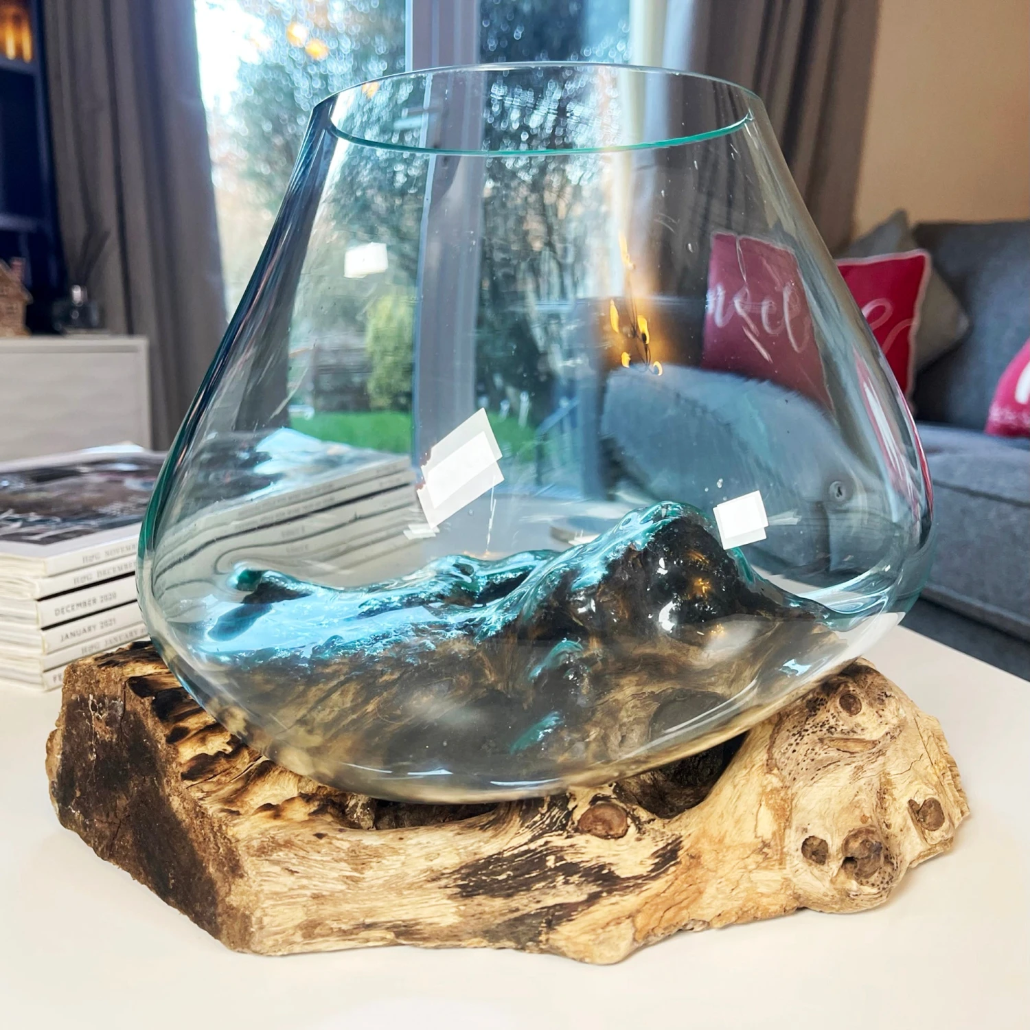 Darthome Limited Large Molten Glass Bowl On Teak Root Stand 1 Darthome Limited Large Molten Glass Bowl On Teak Root Stand