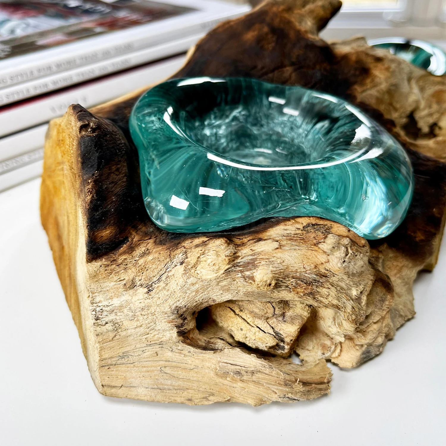 Darthome Limited Molten Glass Double Candle Holder On Teak Root Stand 2 Darthome Limited Molten Glass Double Candle Holder On Teak Root Stand - Image 2