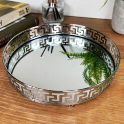 Darthome Limited Greek Key Silver Round Mirrored Tray 21x21cm