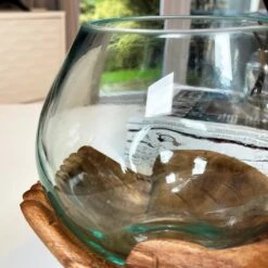 Darthome Limited Molten Glass Bowl With Hand Of Hope Teak Wood Stand -Darthome Limited IMG E4692