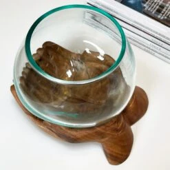 Darthome Limited Molten Glass Bowl With Hand Of Hope Teak Wood Stand -Darthome Limited IMG E4693