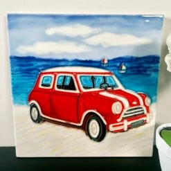 Darthome Limited Red Car On Beach Ceramic Tile Wall Art